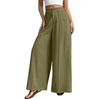 Women's Wide Leg Solid Color Long Pants, Beach Suit Trousers - 9