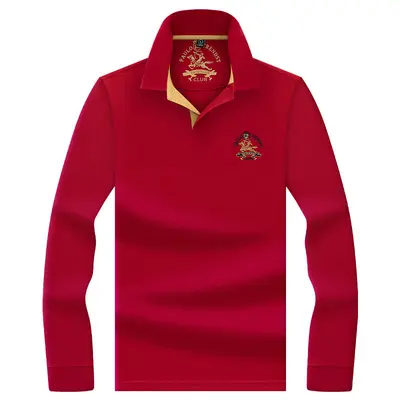 Men's 100% Mercerized Cotton Polo Shirt, Embroidered Small Horse Logo, Long-Sleeve - 10