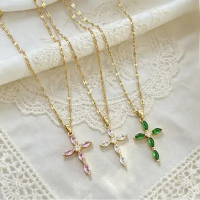 Titanium Steel Cross Necklace, Full Rhinestone, Women's Collarbone Chain