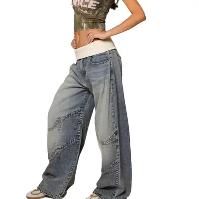 Retro Yıkamalı Mavi Patchwork Katlamalı Bel Düz Paça Kot Pantolon Y2K Kadın