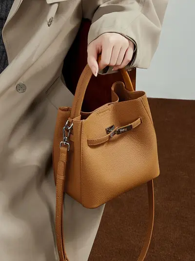 Genuine Top-Grain Cowhide Basket Bucket Bag for Women, Real Leather, 2026 New Style, Versatile High-End Single-Shoulder Bag, Handbag, Crossbody Women's Bag