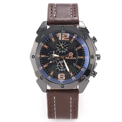 Men's quartz watch with leather strap, large dial, Korean style - 12