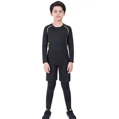Kids Thermal Underwear Fleece-Lined Compression Suit Training Wear Basketball Football Sports Quick-Dry Base Layer Long Sleeve Cross-Border Hot Seller