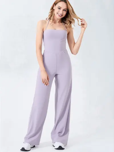 Kadın Yoga Tulumu, Dar Kesim, Halter Yaka, Çift Giyim, Düz Paça - 3