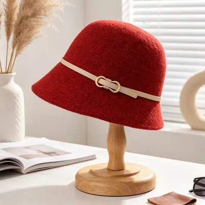 Korean-Style Wool Fisherman Hat, Metal Ring Leather Belt Buckle - 7