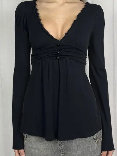 Damen Langarmshirt mit V-Ausschnitt, Rüschen, A-Linie, einfarbig
