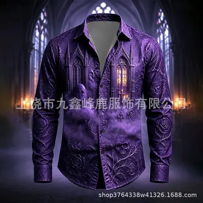2026 Halloween Castle Crow Retro Design Long Sleeve Men's Shirt - 7