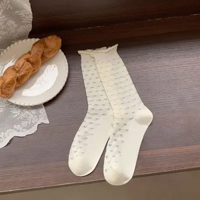 Women's Milky White Shalwar Socks, Thin Summer Lace Loafer Socks, Mid-Calf - 8
