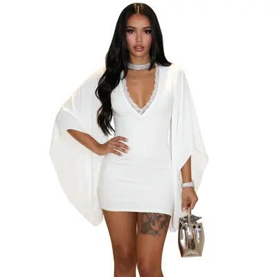Women's Autumn Dress, Solid Color, Lace-Trim Flare Long Sleeve, Slim Fit
