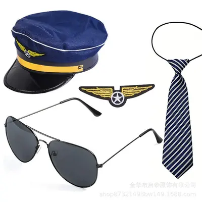Cadılar Bayramı Pilot Kaptan Kostüm Seti, Şapka ve Üniforma