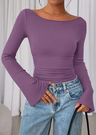 Kadın örme üst, sonbahar çan detaylı uzun kollu, slim fit fırfırlı kazak - 12
