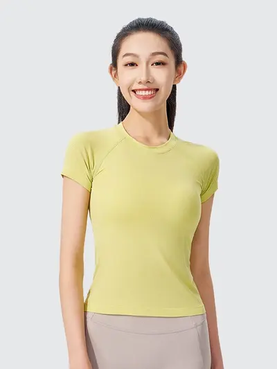 Women's Seamless Yoga Top, Nude Feel, Waist-Cinching, Round Neck