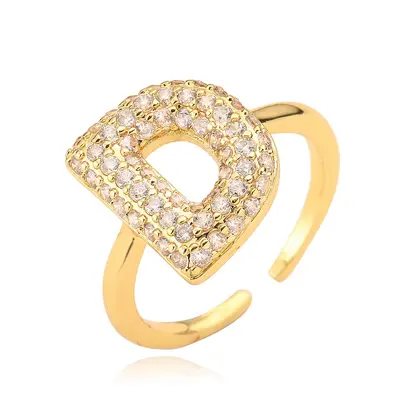 Copper-Plated 18K Gold Zircon Letter Ring for Women - 9