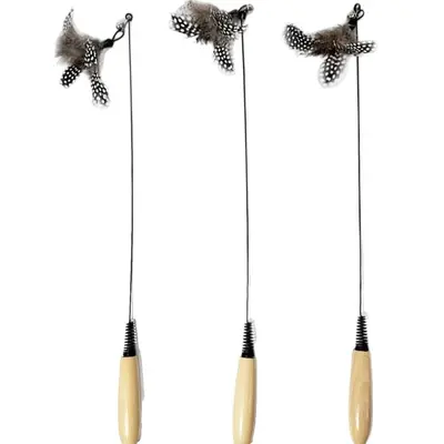 CFA wooden-handle cat teaser wand replacement head feather cat toy solid wood pole steel wire chew-resistant cat self-play pet supplies