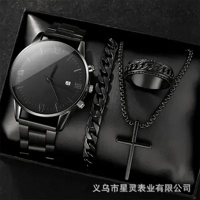 Men's quartz watch with calendar, stainless steel band