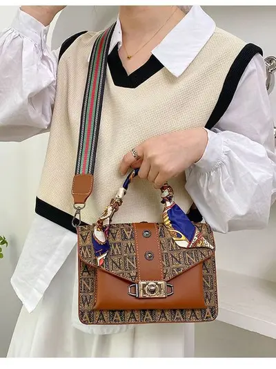 Retro Print Small Square Women's Crossbody Bag with Silk Scarf Detail
