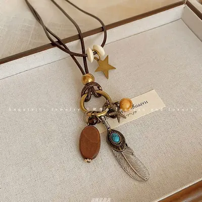 Yeni Çin tarzı bronz tüy kolye, bohem etnik stil, çift katmanlı kazak zinciri - 8