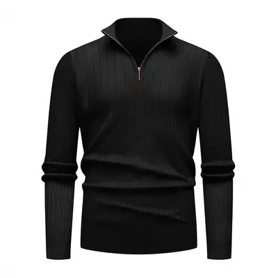 Men's Long Sleeve Knit Sweater, Half Turtleneck, Zipper, Vertical Stripes