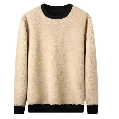 Erkek polar astarlı kalın sweatshirt, kuzu yünü yuvarlak yaka, siyah