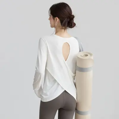 Women's Yoga Top, Long Sleeve, Open Back, Loose Fit - 7