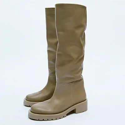 Women's Full Cowhide Knee-High Boots, Mid Heel, Round Toe, Plus Size - 11