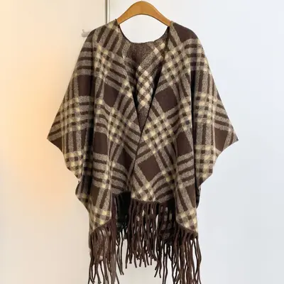 Women's Long Cashmere-Look Side Slit Cape Shawl, Warm - 13