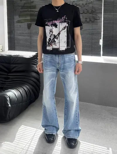 Светло-голубой джинсовый прямой крой свободный стиральный natural whiskers ice blue hand-stitched denim
