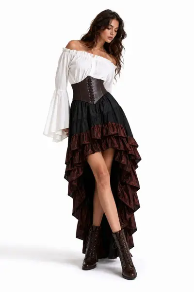 Halloween Medieval Pirate Costume, Ruffled Skirt Three-Piece Set - 11
