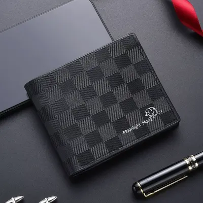 Men's Short Leather Wallet, Retro Minimalist Design, Multi-Compartment, Plaid Pattern - 5