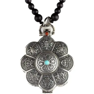 Gümüş lotus kolyesi, açılabilir kutu, altı karakter mantra, erkek-kadın