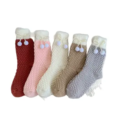 Women's Thick Autumn Winter White Pom-Pom Long Socks, Fleece-Lined Plaid
