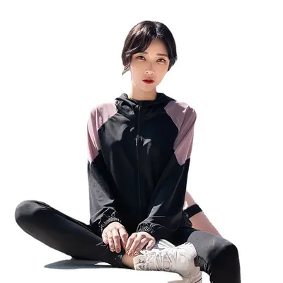 Damen-Yoga-Kapuzenshirt langarm, Colour-Block, Polyester