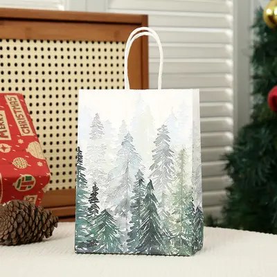 Kraft Paper Party Gift Bag Christmas Forest Print Tote