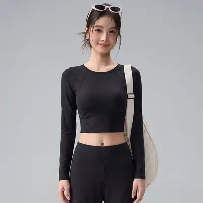 圆领短款瑜伽长袖女固定胸垫透气速干日常健身跑步训练瑜伽服上衣 - 8