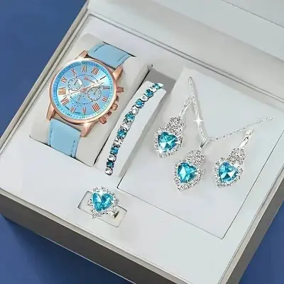 Lüks kadın kuvartz saat beş parçalı set, taşlı kolye ve küpe - 7