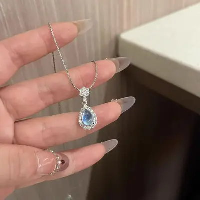 Blue tear drop pendant necklace, titanium steel - 3