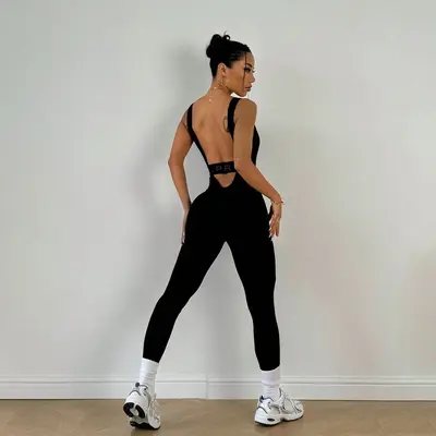 Women's Open-Back Jumpsuit, High-Stretch Yoga Wear - 3