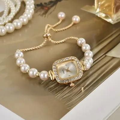 Neue Mode Perlen dünner Gürtel Diamant Quadrat Damenuhr frei verstellbares Armband Uhr Damengeschenk Quarzuhr - 11