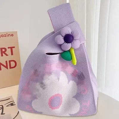 Knitted Women's Bag with Flower Pattern, Large Capacity, Korean Style - 3