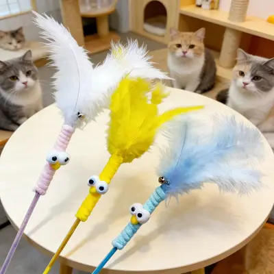 Feather Teaser Wand Cat Toy with Big Eyes and Bell, Self-Play - 3