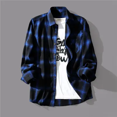 Men's Long-Sleeve Black and White Plaid Shirt, Retro Hong Kong Style, Loose Fit - 9