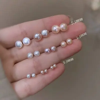925 gümüş küpe, delikli küpe, gümüş iğne toptan küpe, üç renkli küçük ve zarif doğal tatlı su inci küpe