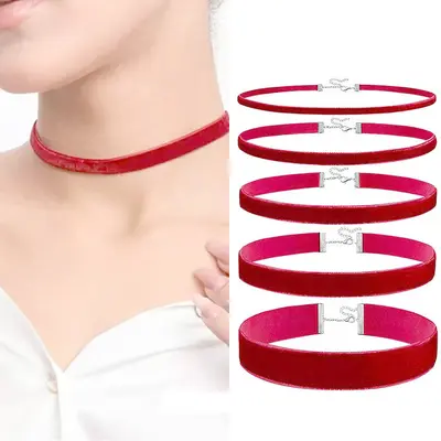 Red Velvet Choker Necklace, Gold Thread, 0.6mm-2.5cm