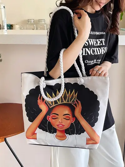 Printed Canvas Tote Bag for Women, Large Capacity Shoulder Shopping Bag - 6