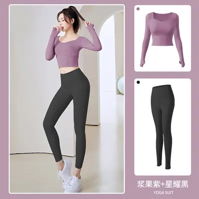 Damen-Yoga-Set, Langarm-Leggings, Lauftraining - 12