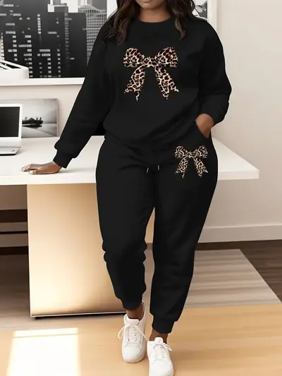 Women's Leopard Print Bow Long Sleeve Round Neck Sweatshirt Set - 9