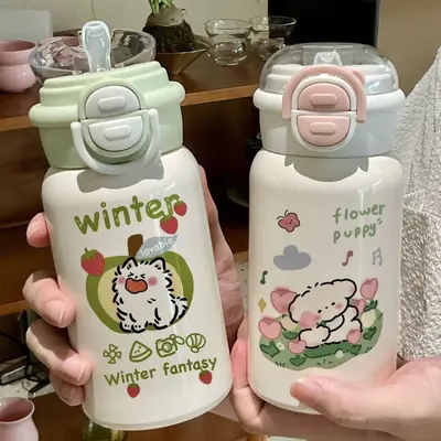 Cartoon-Süße Baby-Thermosbecher aus 316er Edelstahl, Kinderwasserflasche, stilvoll und niedlich, Trinkhalmbecher, Schülerwasserflasche