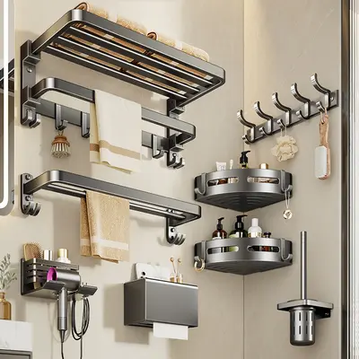 2-in-1 Katlanabilir Havlu Askısı Duvar Montajlı Gri - 3