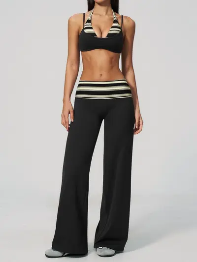 Women's Fitness Set: Contrast Color Open-Back Bra and Wide-Leg Yoga Pants