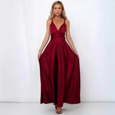 Women's Satin Long Evening Dress, Deep V-Neck, Solid Color, Summer
